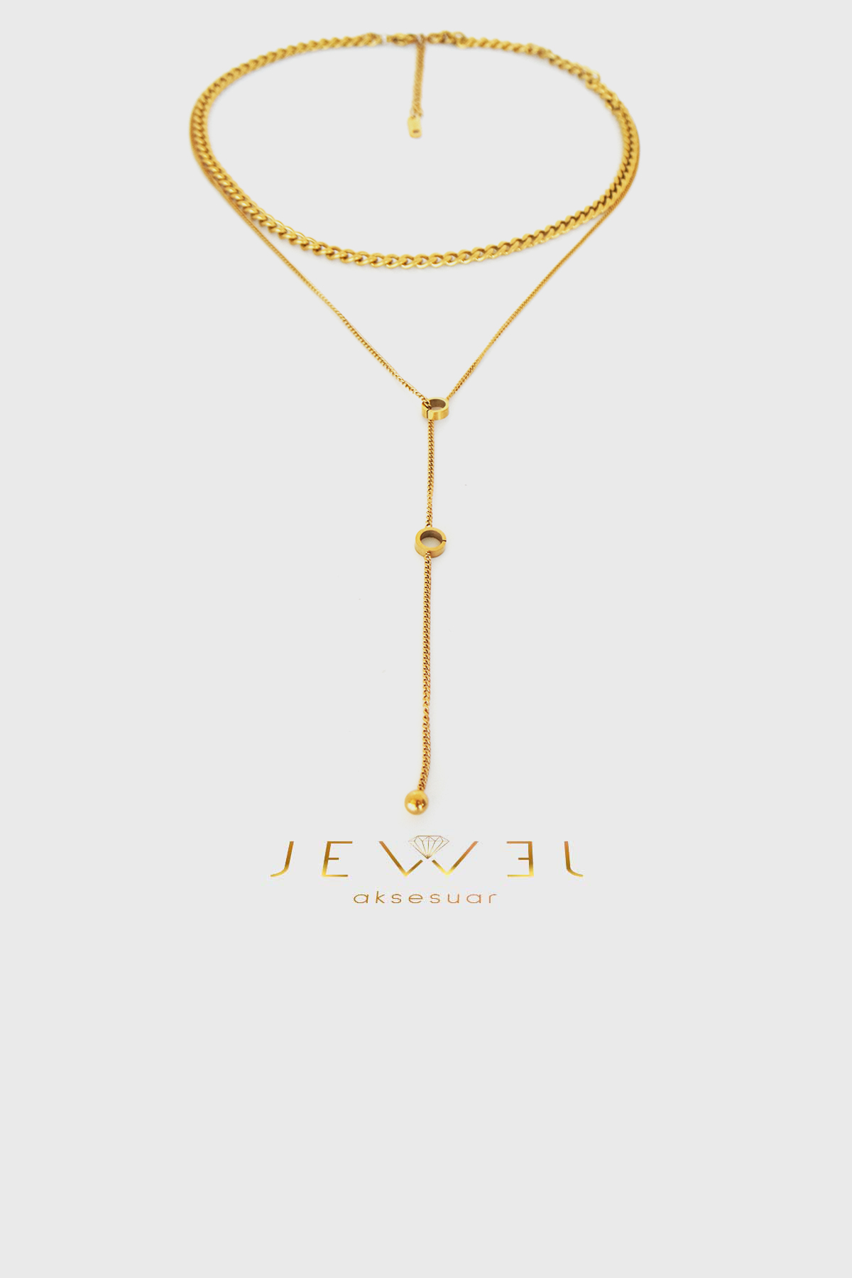 Çift Zincir Halka Detay Gold Altın Kaplama Kolye