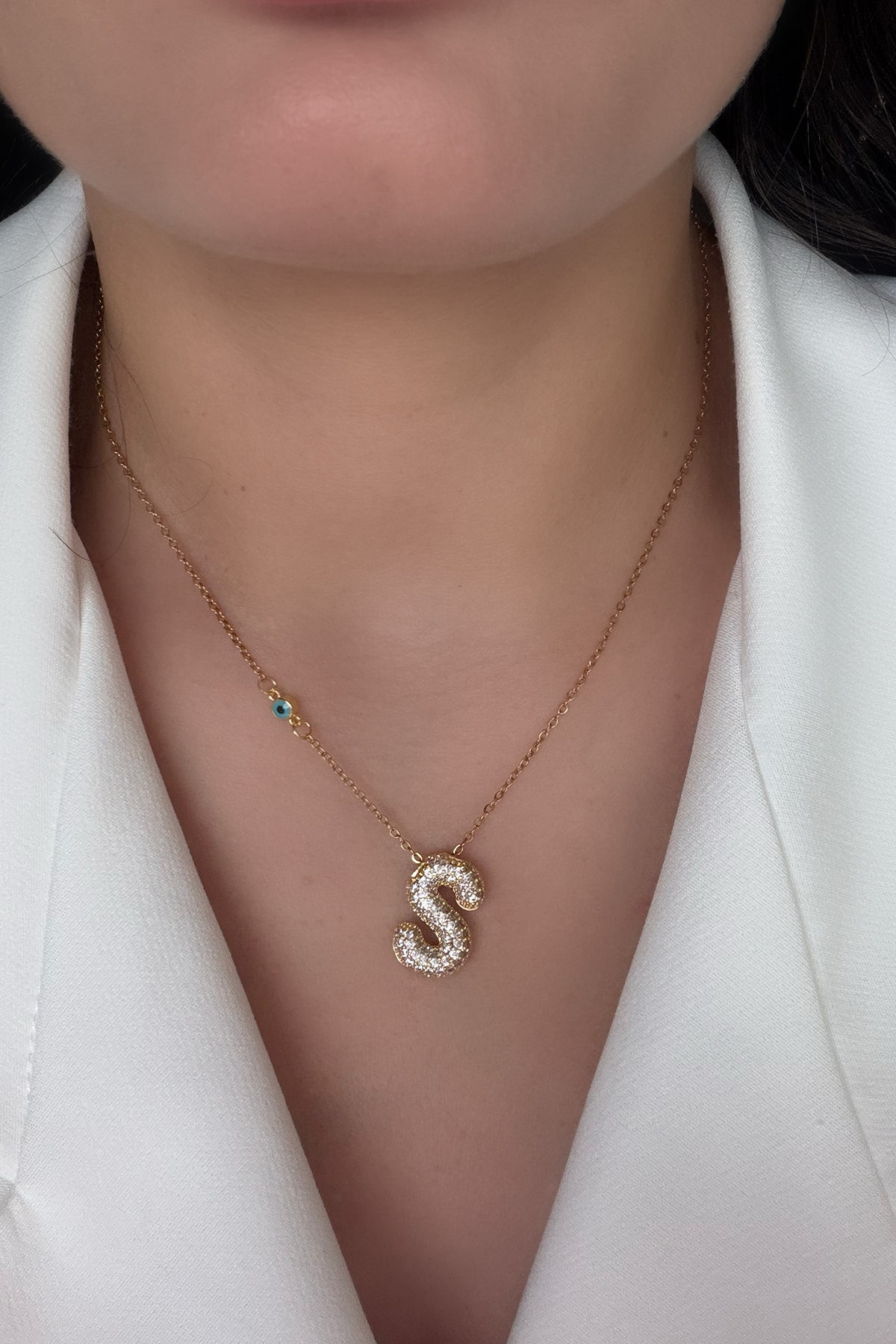 S Harfli Boncuk Detaylı Gold Kolye