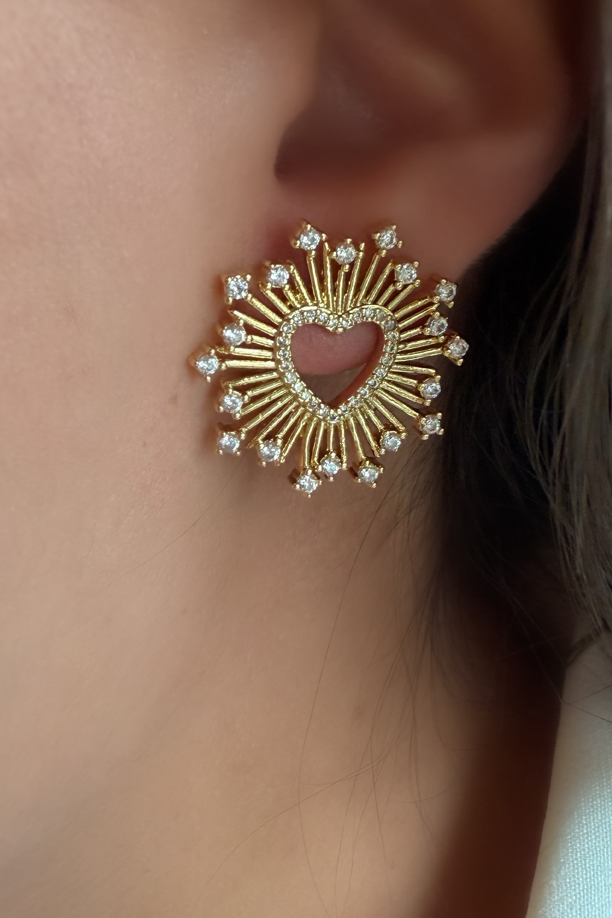 Taşlı Kalp Model Gold Küpe