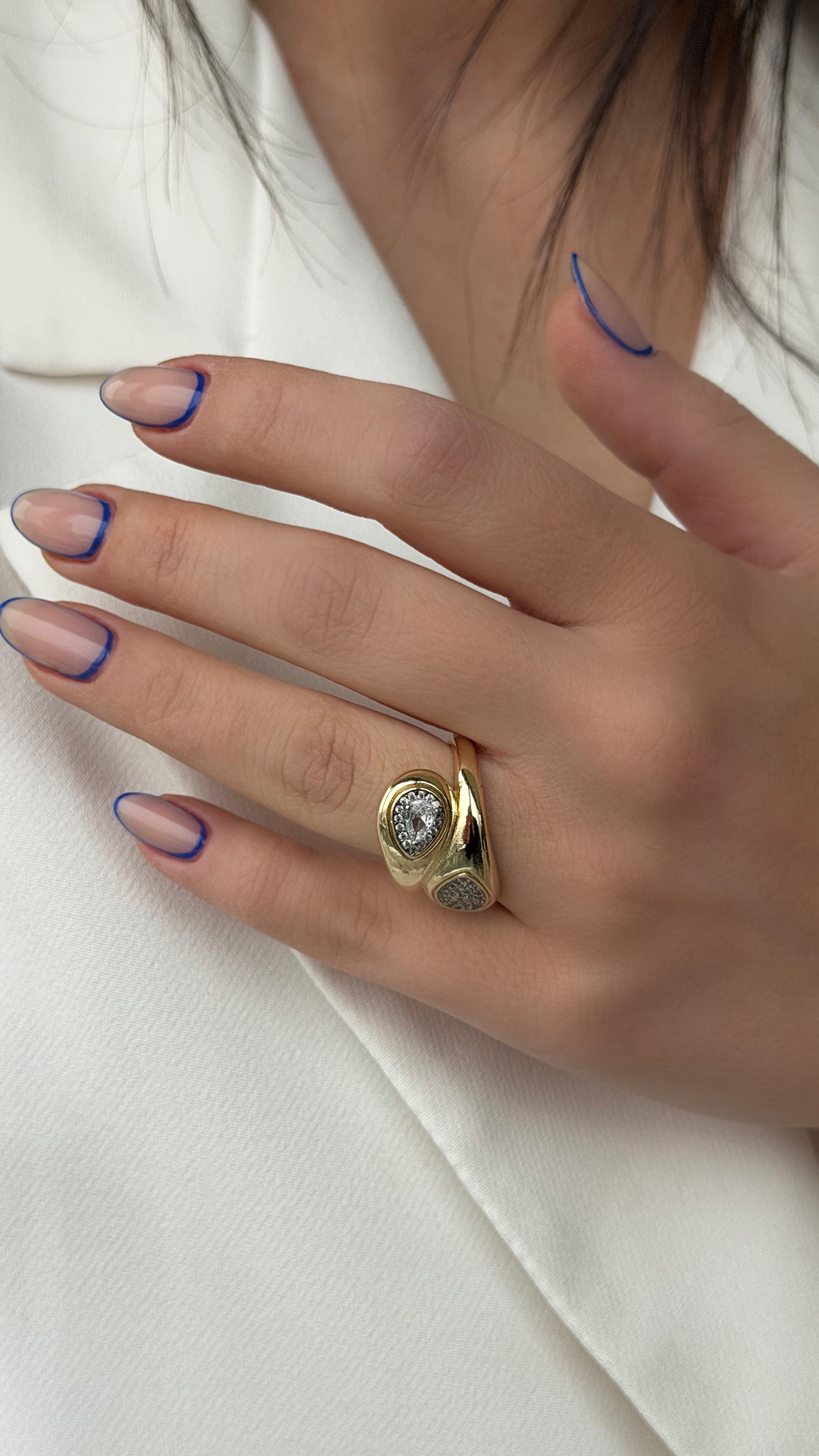 Çift Damla Taş Detaylı Ayarlanabilir Gold Yüzük