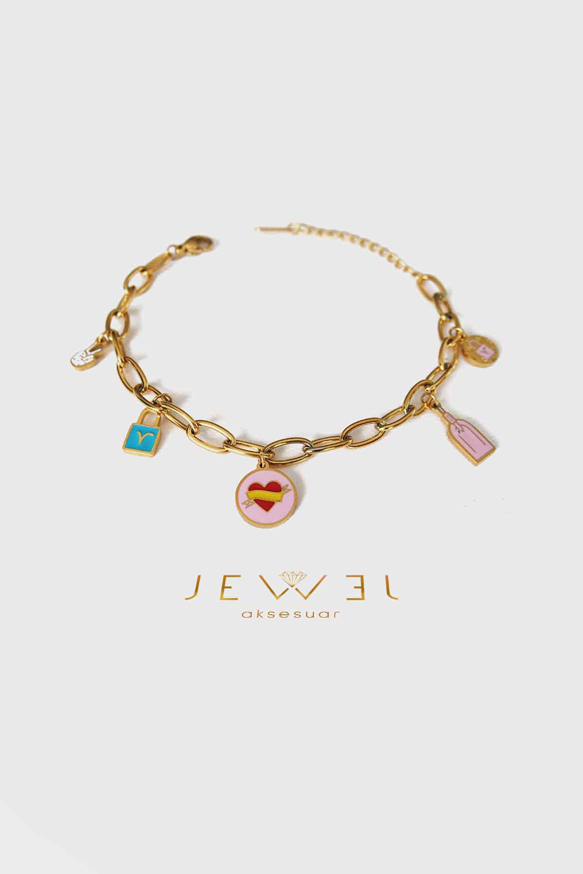 Pembe Taşlı LV Model Gold Altın Kaplama Bileklik