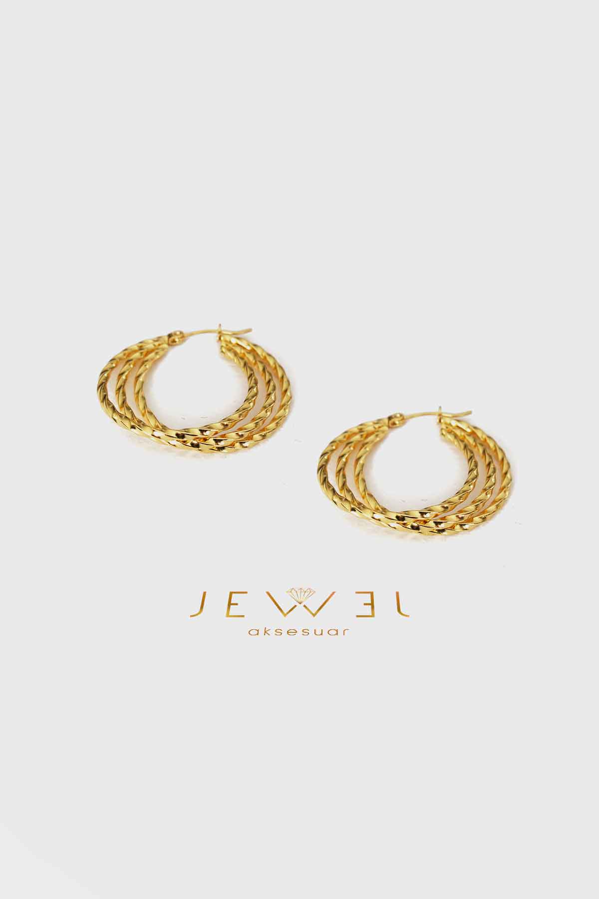 Açık Üçlü Burgu Model Gold Altın Kaplama Küpe