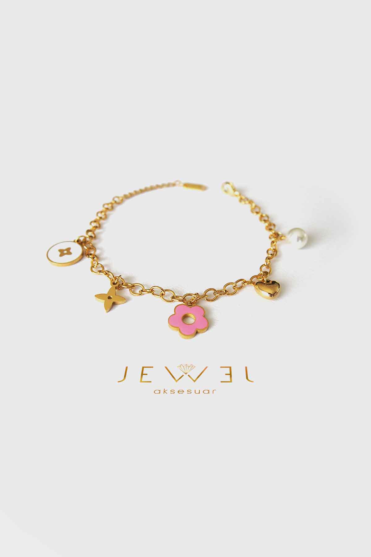 Pembe Çiçekli Gold Altın Kaplama Bileklik