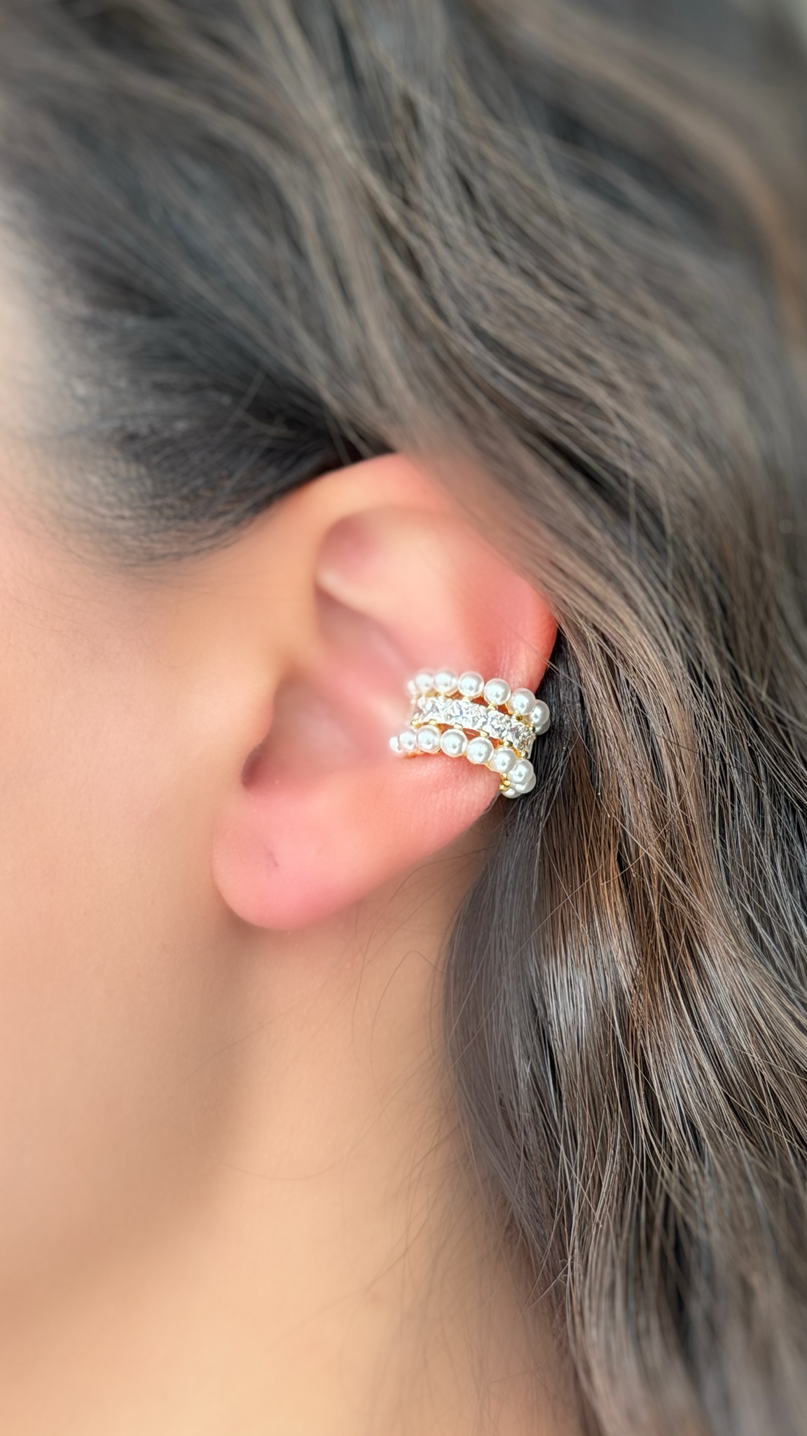 Taşlı İncili Kıkırdak Gold Küpe