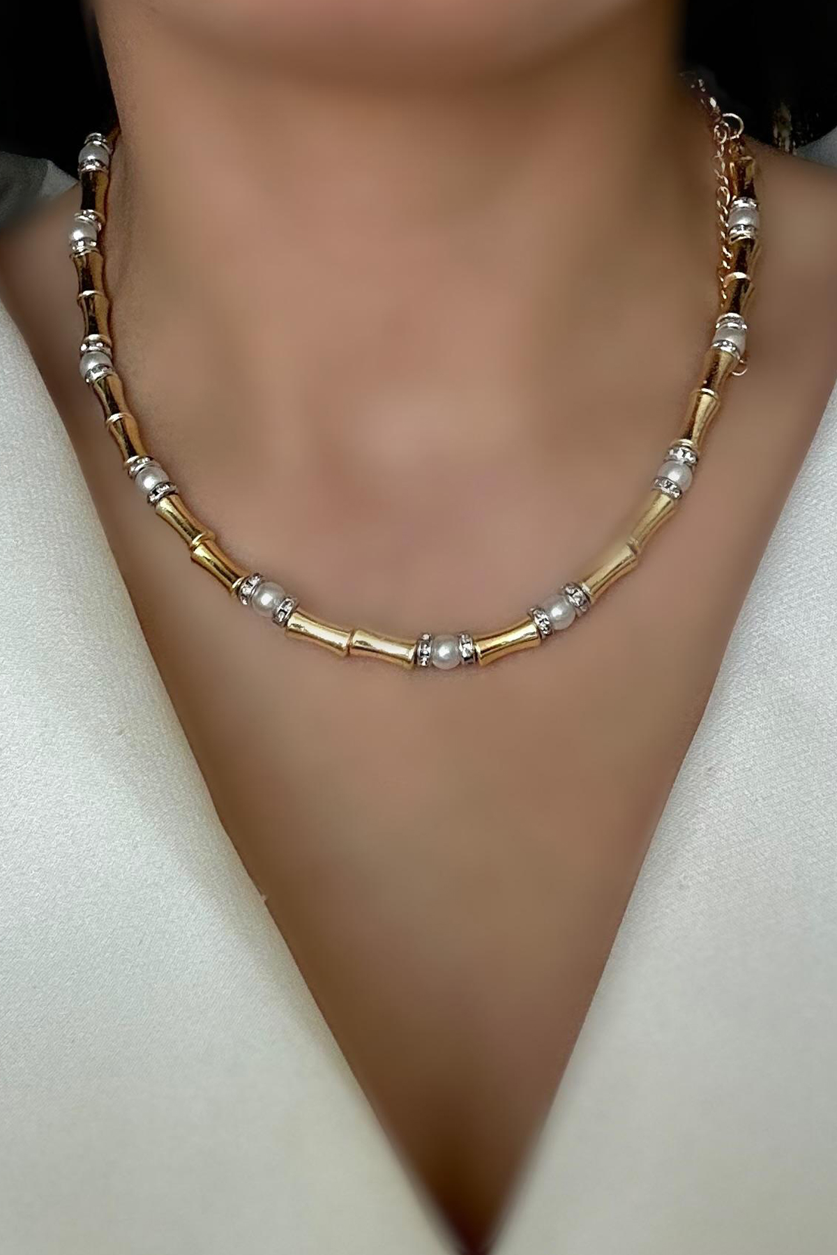 Axira İnci Işıltı Detaylı Gold Kolye