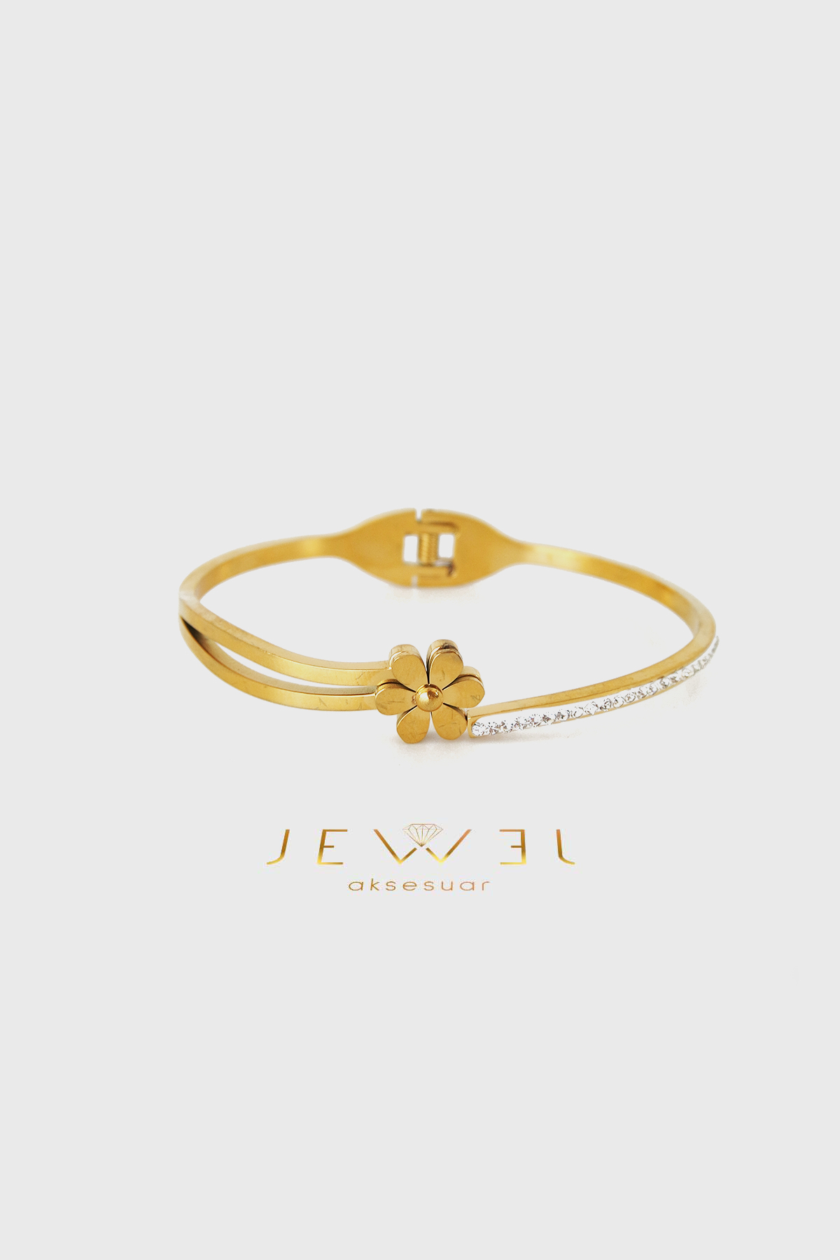 Çiçekli Taş Detaylı Gold Altın Kaplama Bileklik
