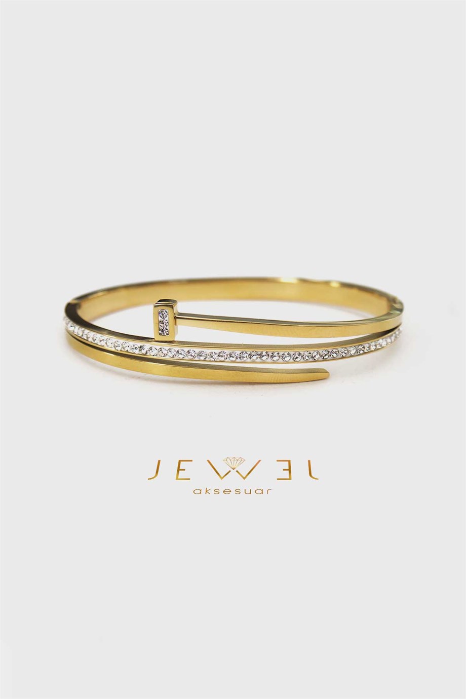 Çivi Model Şerit Taşlı Gold Altın Kaplama Bileklik
