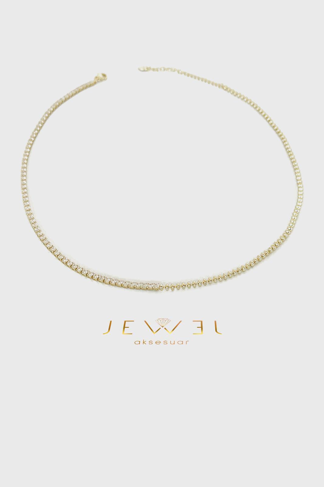 Yarım Taş Detaylı Gold Kolye