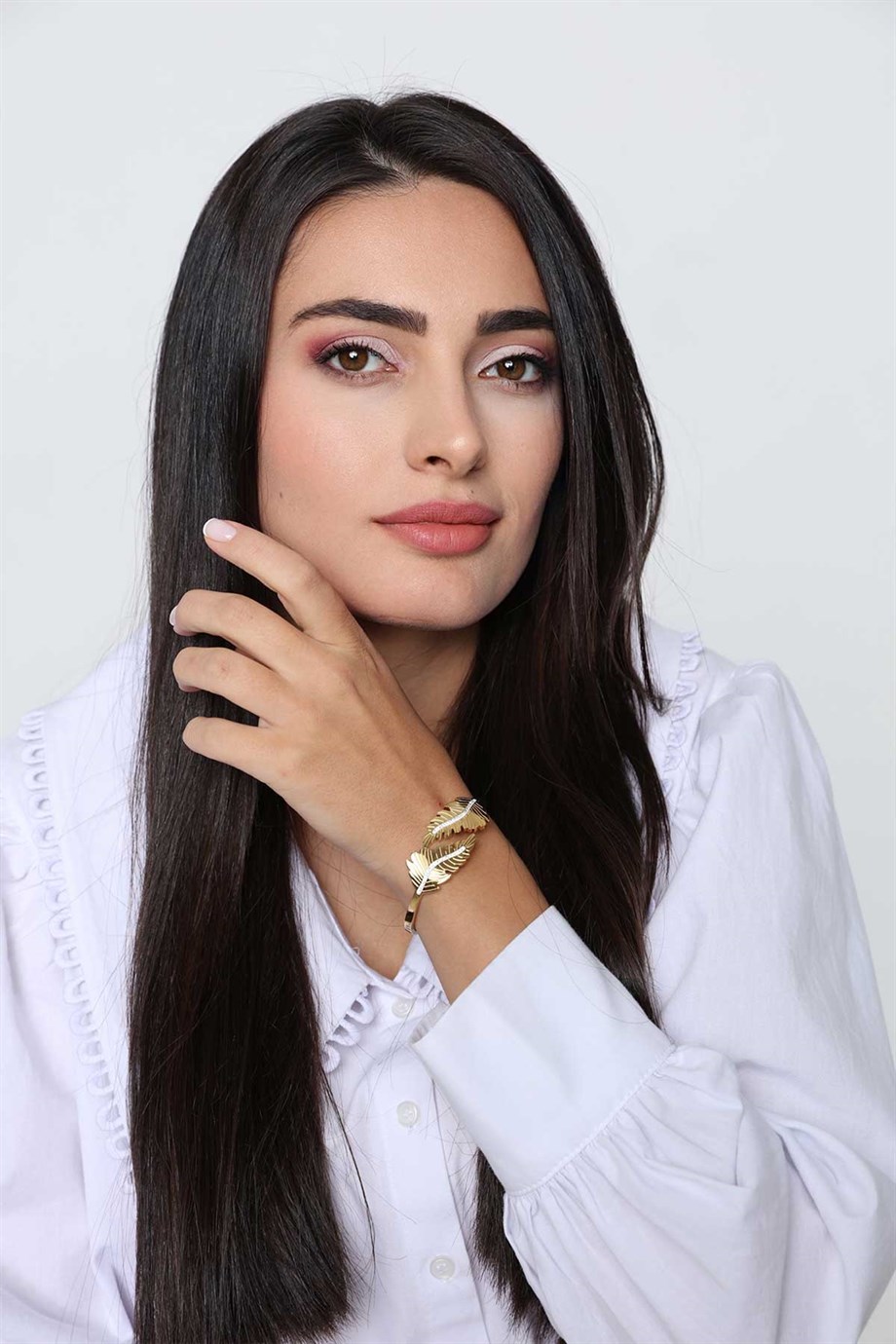 Taşlı Çift Yaprak Model Gold Altın Kaplama Bileklik