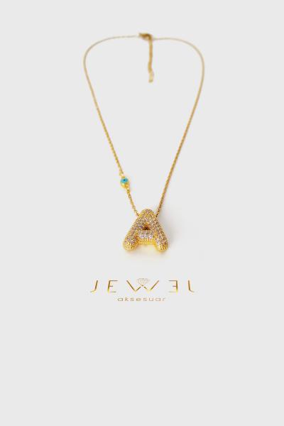 A Harfli Boncuk Detaylı Gold Kolye