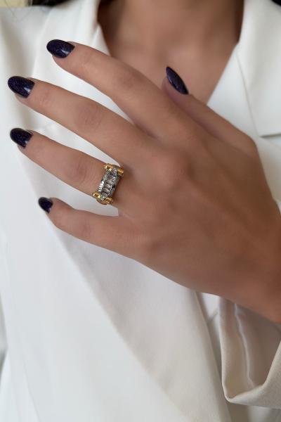 Gold,Gümüş Detaylı Taşlı Yüzük