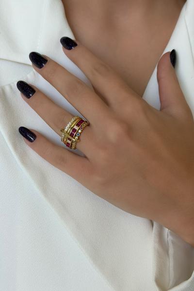 Dörtlü Ayrılabilir Klipsli Mor,Beyaz Taşlı Yüzük