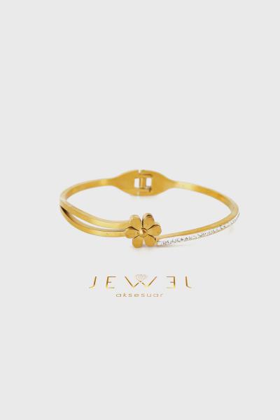 Çiçekli Taş Detaylı Gold Altın Kaplama Bileklik