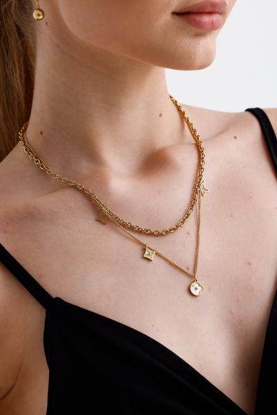 Çift Zincir Sedef Yonca Gold Altın Kaplama Kolye