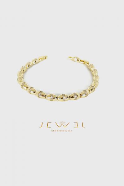 Oval Taşlı Detaylı Gold Bileklik