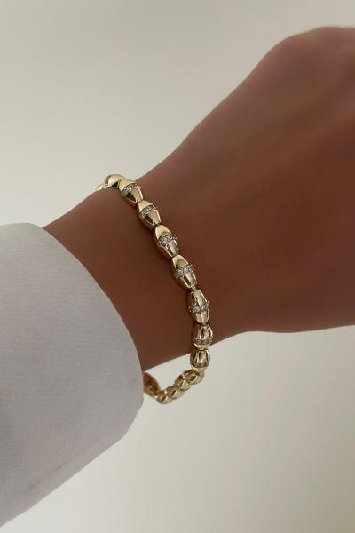 Oval Taşlı Detaylı Gold Bileklik