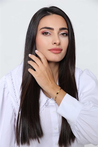 Love Siyah Taş Detaylı Gold Altın Kaplama Bileklik