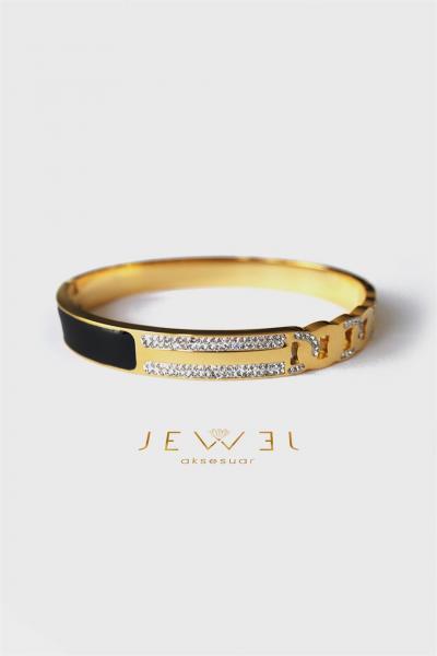 Siyah Şerit Model Gold Altın Kaplama Bileklik