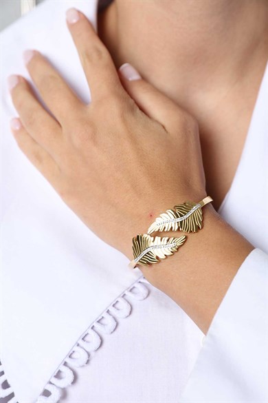 Taşlı Çift Yaprak Model Gold Altın Kaplama Bileklik